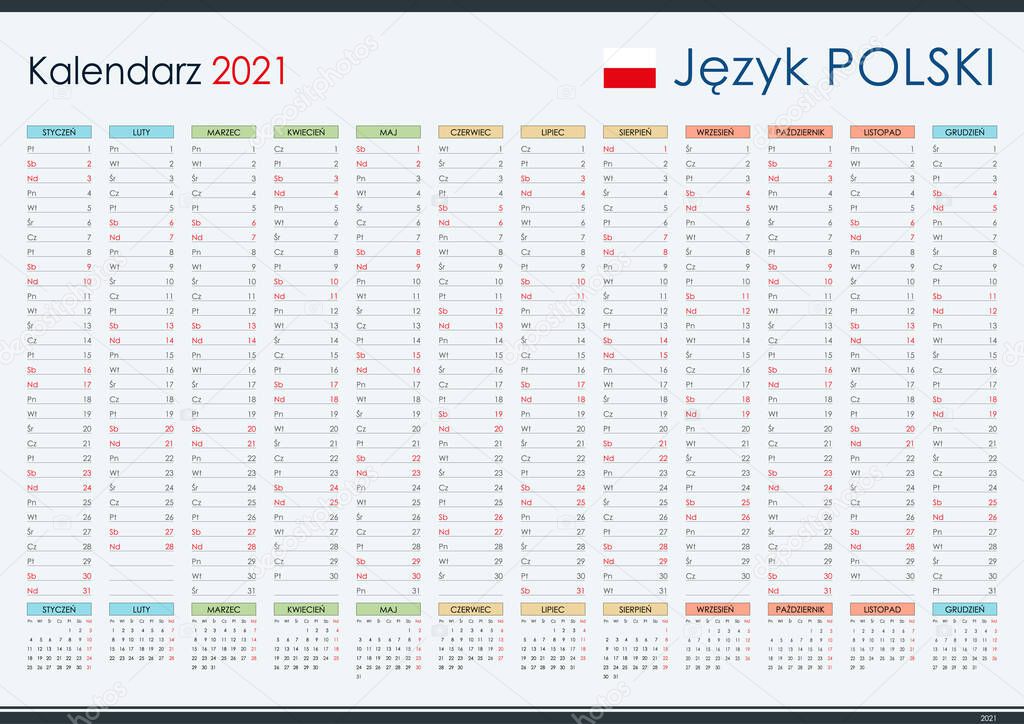 Calendar in Polish for 2021. Year planner and organizer. Simple and legible layout. Template for the company. Free space for the name and other company details such as telephone and address.