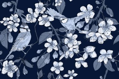 Seamless pattern with blooming flowers and blue titmouse. Bluish fabric, textile swatch. Blooming cherry, twigs and flying tit. Beautiful spring, summer composition. Dark, moody background.