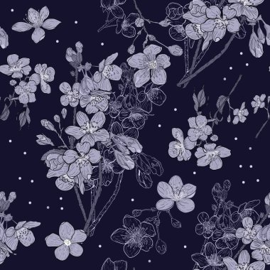 Karanlık bir arka planda çiçek açan kiraz çiçekleri. Kusursuz çizim. Tek renkli, mavimsi tasarım. Kırmızı çiçeklerle sonsuz desen. Kumaş, ambalaj kumaşı, ev dekorasyonu.