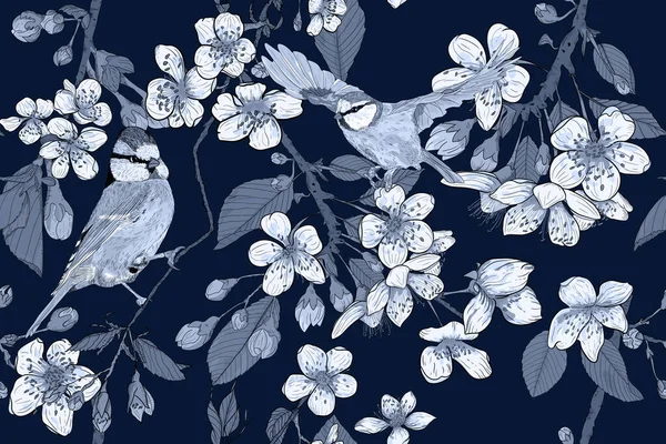 Seamless Pattern Blooming Flowers Blue Titmouse Bluish Fabric Textile Swatch — Foto Stock