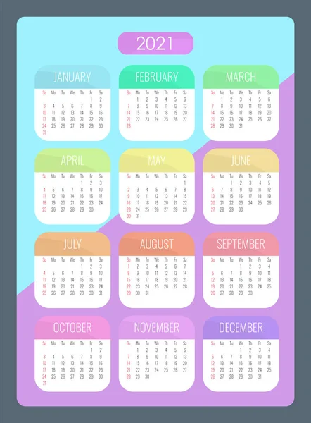 Kalendarz Kieszonkowy 2021 Rok Jedna Deska Miesiącami Kolorowych Pastelowych Kolorach — Wektor stockowy