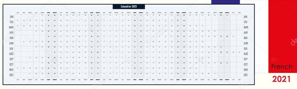 Big, broad wall planner for 2021. Whole year on one page. Simple calendar template or ready for print. French language. Free copy space. Vector illustration.