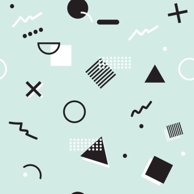 Neo-nane arkaplanda siyah beyaz renkli modern Memphis deseni. Nane arkaplanındaki vektörsüz geometrik çizim. 80 'li ve 90' lı yıllardan kalma moda tarzı. Yazdırılabilir tasarım.