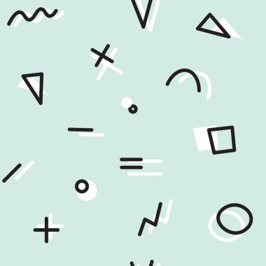 Neo-nane arkaplanda siyah beyaz renkli modern Memphis deseni. Nane arkaplanındaki vektörsüz geometrik çizim. 80 'li ve 90' lı yıllardan kalma moda tarzı. Yazdırılabilir tasarım.