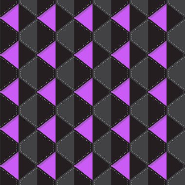 Üçgenli soyut arkaplan çizimi. Vektör kusursuz desen. Geometrik şekillerde tek renkli renkler. Farklı renklerde siyah ve mor üçgenin sonsuz deseni.