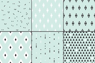 Modern tasarım koleksiyonu. Üçgen, neo-naneli arka planda tek renkli elmas. Kusursuz sonsuz desen. Neo-Nane arkaplanında altı geometrik çizim. Tam yazdırılabilir.