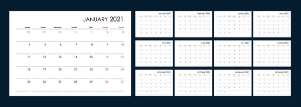 Calendar 2021 Year Organizer Planner Every Day Week Starts Monday — Stock Vector