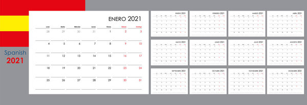Calendar for 2021 year. An organizer and planner for every day. Week starts from Monday. 12 boards, months set. Wall layout. Clear template. Spanish language.