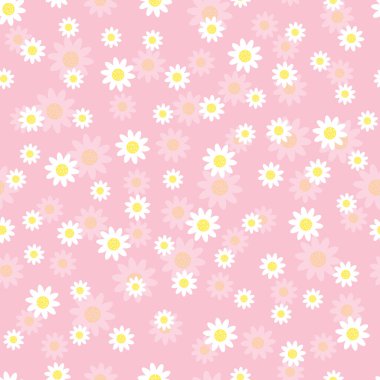 Kırmızı arka planda düzensiz sıralanmış papatyalar. Pastel arka planda gölgeli beyaz çiçekler. Kusursuz tekrarlayan şablonun vektör çizimi. Sevimli tasarım kavramı.