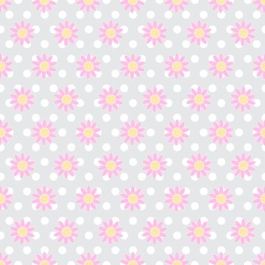 Puantiyeli papatyalar. Arkaplanda soyut pastel çiçekler. Kusursuz tekrarlayan şablonun vektör çizimi. Sevimli tasarım kavramı.