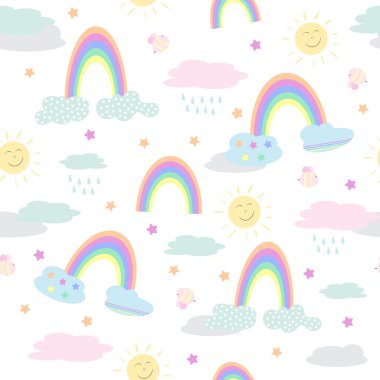 Bulutlu şirin, karikatür gökkuşağı. Gökyüzünde pastel elementlerle kusursuz tekrarlayan desen. Vektör illüstrasyonu, beyaz arkaplan.