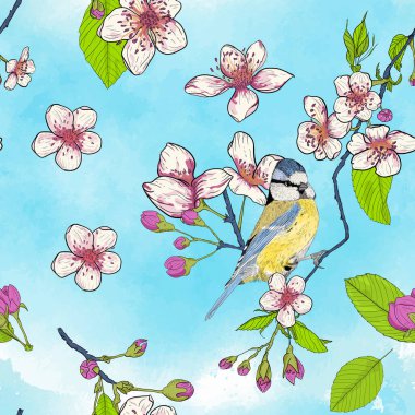 Seamless vector pattern with blooming flowers and blue titmouse. Colorful fabric, textile swatch. Blooming cherry, twigs and flying tit. Beautiful spring, summer composition. Blue background.