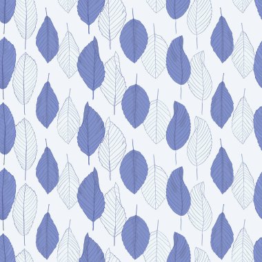 Açık arkaplanda mavi yapraklı kusursuz desen. Yaprak çizgisi. Kumaş örneği. Çiçek aranjmanlı vektör çizimi. Duvar kâğıdı örnekleri. Mavimsi taslak. Toile Duvar Kağıdı.