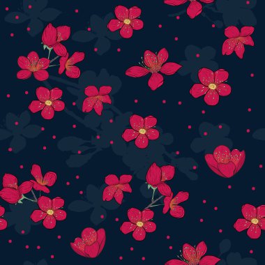 Çiçekler koyu arkaplana saçılmış. Çiçek konseptiyle kusursuz vektör çizimi. Kırmızı puantiyeli. Kumaş, davetiye, ambalaj kağıdı için sonsuz kumaş. Şablon tasarımı.