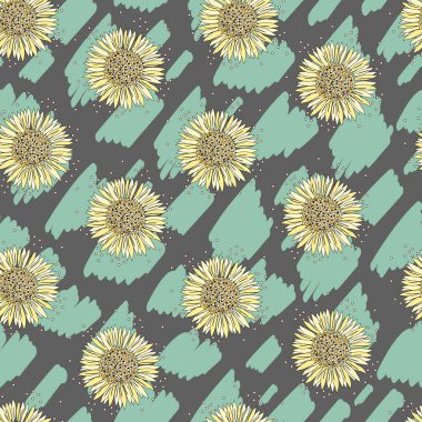 Çiçek açan ayçiçeği. Gri arkaplanda, neo-nane dokusuyla çiçek kompozisyonu. Ayçiçeği ile kusursuz vektör çizimi.