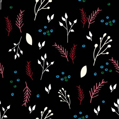 Çiçeksiz desen. Sonsuz vektör. Yazdırılabilir grafik tasarımı. Siyah arka planda dal, yaprak ve kızılcık yaprakları. Sonbahar ve kış çizimleri. Kumaş ve ambalaj için vektör karalama.