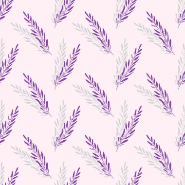 Mor renkte kokulu lavanta çiçekleri sonsuz bir düzen içinde dizilmiş. Stil tekrarlayan grafik arkaplan tasviri. Bahar kumaşı için mükemmel bir vektörsüz desen. Yüzey tekrarlama tasarımı.