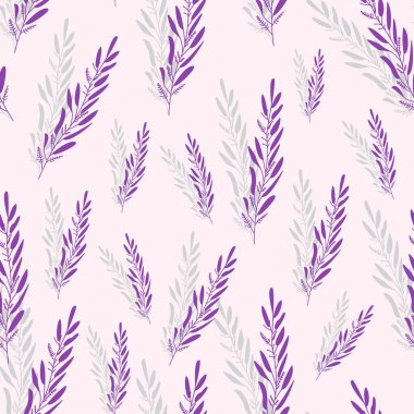 Mor renkte kokulu lavanta çiçekleri sonsuz bir düzen içinde dizilmiş. Stil tekrarlayan grafik arkaplan tasviri. Bahar kumaşı için mükemmel bir vektörsüz desen. Yüzey tekrarlama tasarımı.