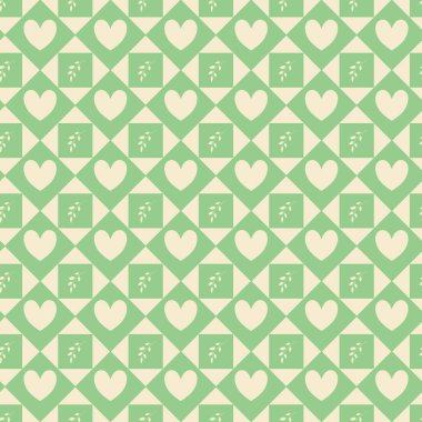 Kare ve eşkenar dörtgenlerin geometrik desenlerinin resmedilmiş hali. Kalpleri ve dalları pastel renklerde, bahar renklerinde. Vektör kusursuz desen. Kumaş kumaşları için şık bir doku. Yüzey tekrarlama tasarımı.