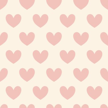 Düzenli olarak düzenlenmiş kırmızı pastel kalplerin kusursuz tekrarlayan desenleri. Güzel ışık arka planında aşk elementlerinin vektör çizimi. Romantik arkaplan.