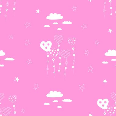 Vektör pürüzsüz tekrarlama kalıbı. Pembe gökyüzünde el yapımı kalpler ve bulutlar. Küçük bir kız için grafiksel. Çocuk modeli. Bebek duşu kartları, davetiyeler, duvar kağıtları ve kumaşlar için kullanılabilir.