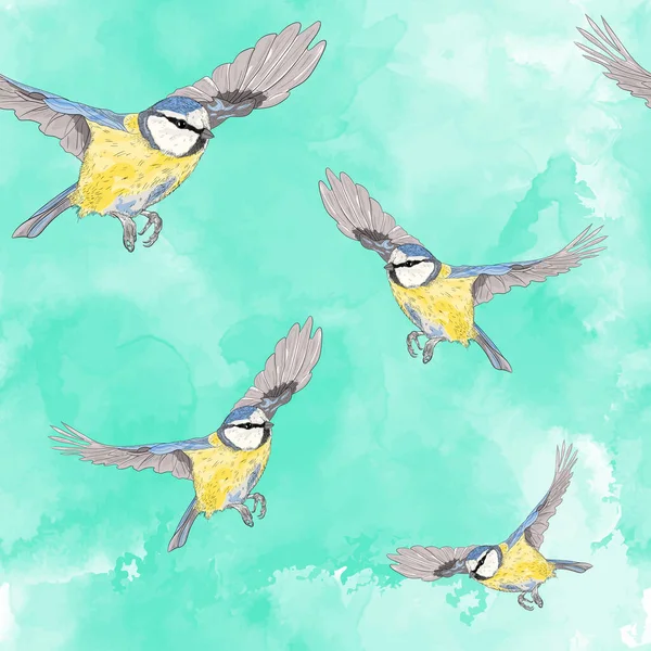 Blue Tit Flying Mint Watercolor Sky Seamless Pattern Design Water —  Vetores de Stock