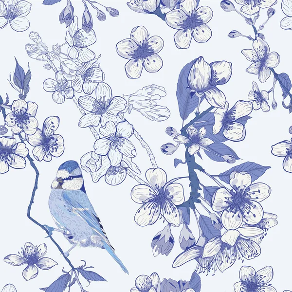 Floral Pattern Bluish Outline Toile Wallpaper Vintage Seamless Vector Illustration — Stock Vector