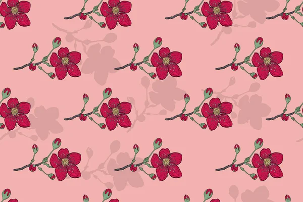 Ilustração Sem Costura Vetorial Com Flores Vermelhas Flor Fundo Rosa — Vetor de Stock