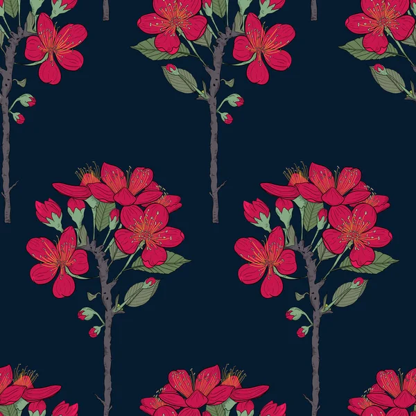 摘要植物背景 盛开的果树花 黑色深色背景上的红色花束 矢量无缝说明 包装纸 织物抹布 手绘面色 — 图库矢量图片