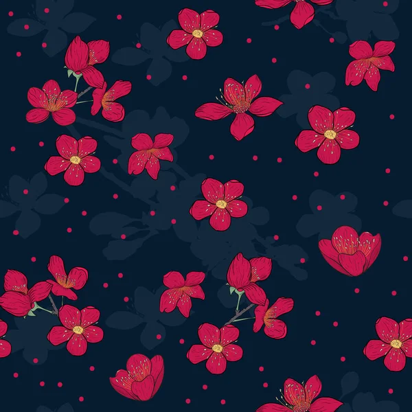 暗い背景に散在する花を咲かせます 花をコンセプトにしたシームレスなベクトルイラスト 赤い水玉 ファブリック 招待カード 包装紙のための無限のスウォッチ テンプレートデザイン — ストックベクタ
