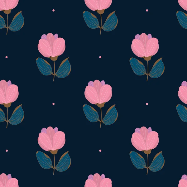 植物学背景 粉红色的花朵交替排列在深色的背景上 抽象玫瑰和波尔卡圆点 纺织品的颜色 完全可打印 无穷无尽的模式无缝线矢量图解 — 图库矢量图片