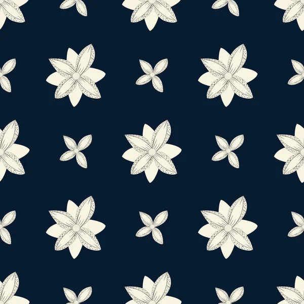黑色的海军背景上的白色抽象花朵 排成一排交替排列 单色图形 无缝隙的幻想 矢量无休止的模式 包装纸 — 图库矢量图片