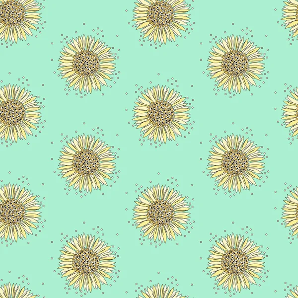 手绘的不同大小的花散布在新薄荷背景 向日葵开花的矢量无缝图案 植物图解 夏季或春季复古平面设计 — 图库矢量图片