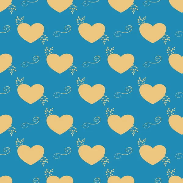 Charming Yellow Hearts Twigs Swirls Vector Illustration Repeating Seamless Pattern — Stock Vector
