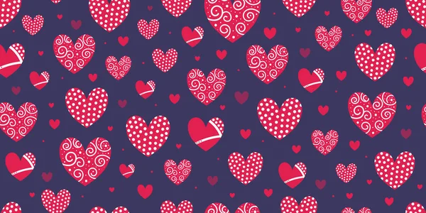 Decorated Hearts Scattered Dark Background Vector Illustration Repeating Seamless Pattern — Stock Vector