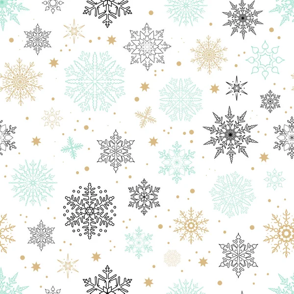 抽象的な雪片とシームレスなパターン 雪の冬の背景 ベクトルイラスト 包装紙の冬のモチーフ 美しい飾りだ 白い背景にカラフルな雪 — ストックベクタ