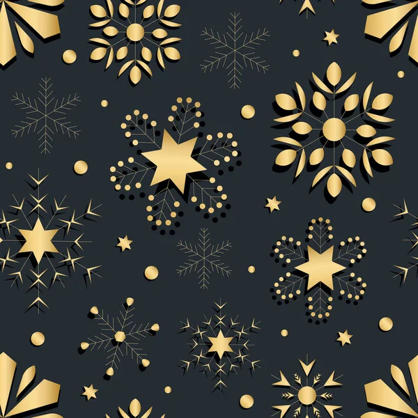 黒い背景に金色の雪片と星の排他的なシームレスなパターン 異なる雪の要素の薄い繊細なラインシルエット お正月飾り — ストックベクタ