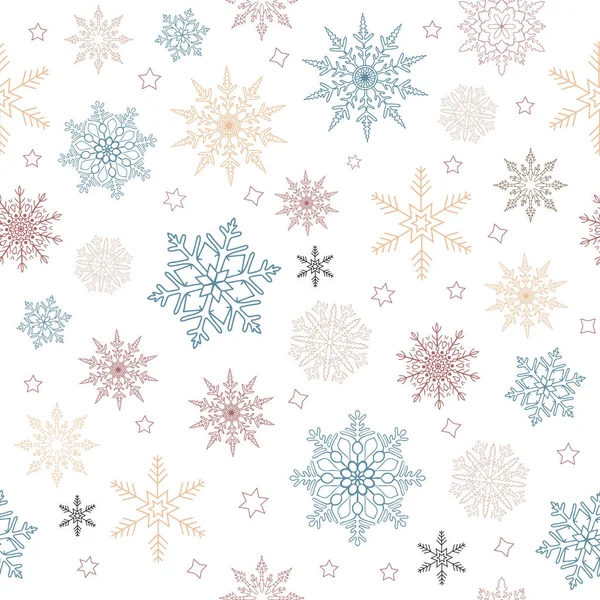 在白色孤立的背景上 白色雪花和星星的矢量无缝图案 纤细细腻的线条勾勒出不同雪元素的轮廓 新年彩绘装饰品 — 图库矢量图片