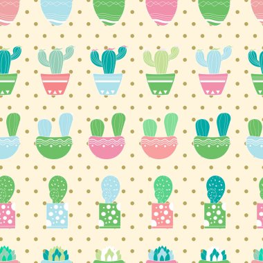 Kaktüslü ve sulu bitkilerle çizilmiş güzel el yapımı dikişsiz desen. Renkli kaktüsler baskının dekoratif unsurlarıdır. Arkaplan olarak polka noktaları.