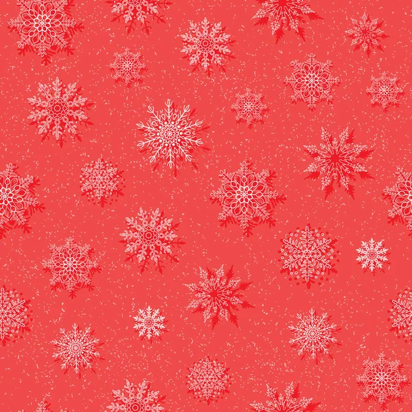 赤い背景に白い雪片のベクトルシームレスパターン 異なる雪の要素の薄い繊細なラインシルエット お正月飾り — ストックベクタ
