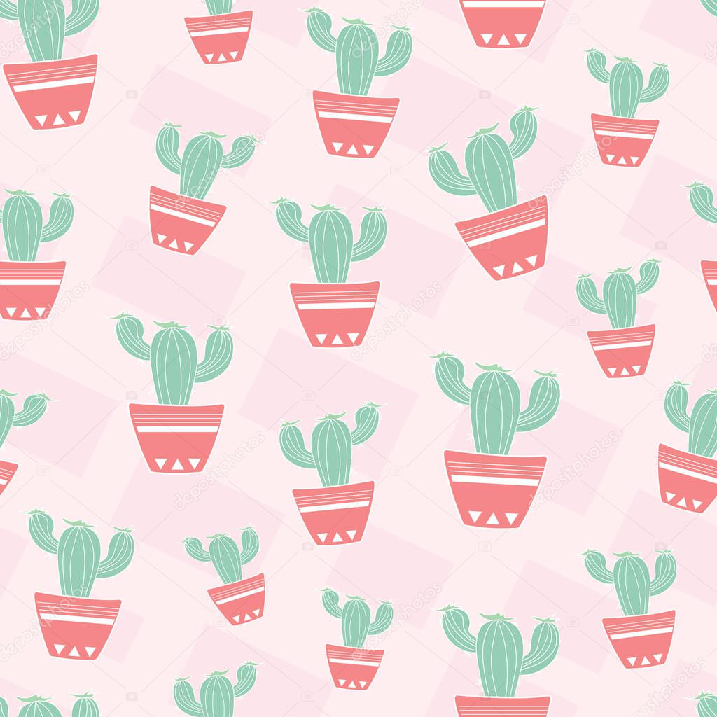 Cute hand-drawn seamless pattern with cacti and succulent plants. Colored cactuses as decorative elements of prints.