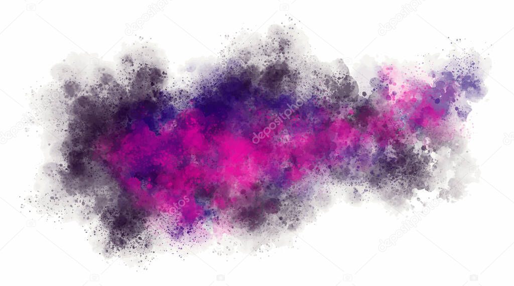 Watercolor splash isolated on white background. Black, violet and pink mix of paint. Blob on paper. Vector illustration. Powder explosion. Ethereal design.