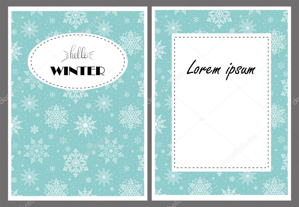 Winter set of posters. A pattern of snowflakes on a mint green background. Place for graphics and subtitles. Template for poster, flyer, card. Copy.