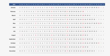 Doğrusal takvim 2021. Temiz tasarım. Seçili pazar günleri ile yatay ızgara. Yıllık takvim düzenleyici, planlayıcı. İngilizce ve basit şablon. Duvar, masa takvimi. Her gün için kontrol listesi.