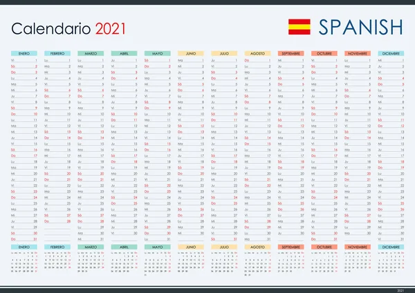 2021 Wall Planner Języku Hiszpańskim Roczny Kalendarz Organizator Prosty Układ — Wektor stockowy
