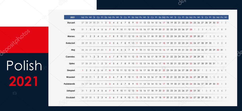 Linear calendar 2021. Clear design. Horizontal grid with selected sundays. Yearly calendar organizer, planner. Polish language and simple template. Wall, desk calendar. Check list for every day.