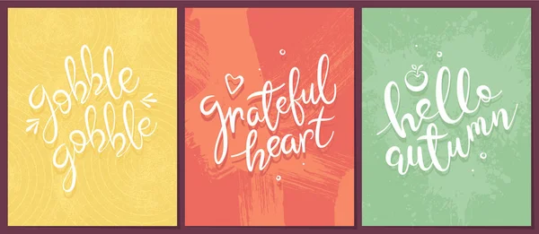 3 φθινόπωρο/ημέρα των Ευχαριστιών χειρόγραφες ευχετήρια κάρτες — Διανυσματικό Αρχείο