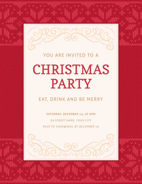 Christmas Party Invitation Template with Knitted Red Christmas P — Stock Vector