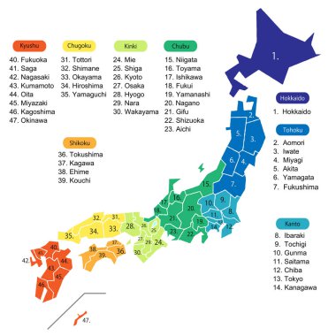 8 alanlarda 47 iller boyama Japonya Haritası