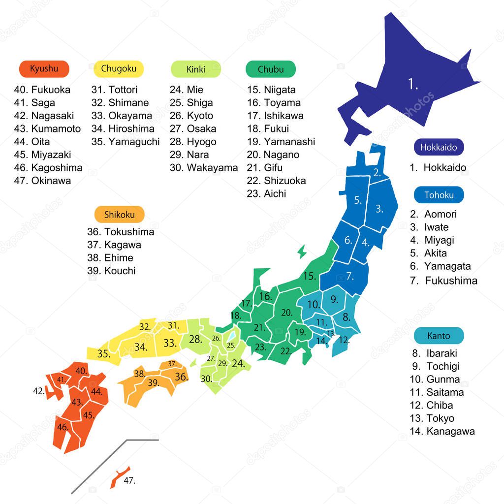 map of Japan coloring 47 prefectures in 8 areas